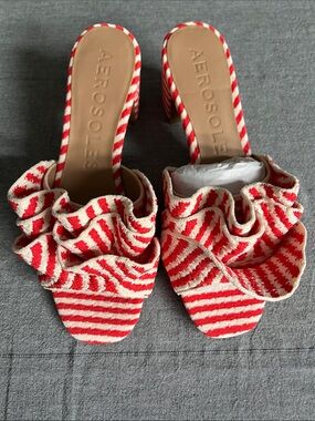 AEROSOLES Red and Cream Striped Ruffle Slide Mules